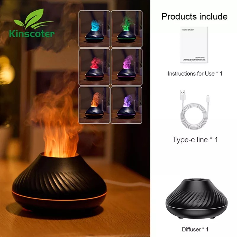 KINSCOTER Difuzor de arome vulcanice Lampă cu ulei esențial 130 ml Umidificator de aer portabil USB cu lumină de noapte cu flacă