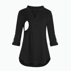 Tricou de maternitate pentru alăptare pentru femei, cu decolteu în V, culoare solidă, cu mâneci lungi, topuri de alăptare, haine