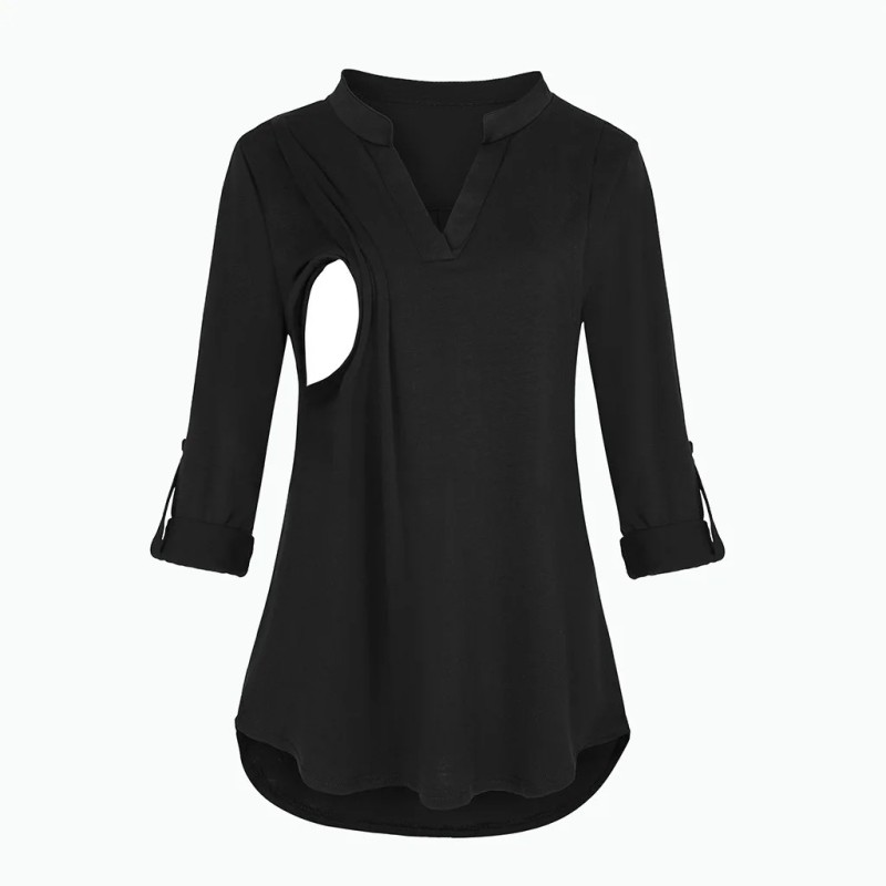 Tricou de maternitate pentru alăptare pentru femei, cu decolteu în V, culoare solidă, cu mâneci lungi, topuri de alăptare, haine