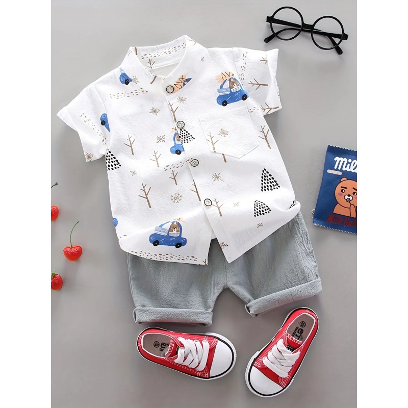 Set de pantaloni scurți cu mâneci scurte pentru sugari și copii mici de vară cu imprimeu complet pentru cămașă cu guler în picio