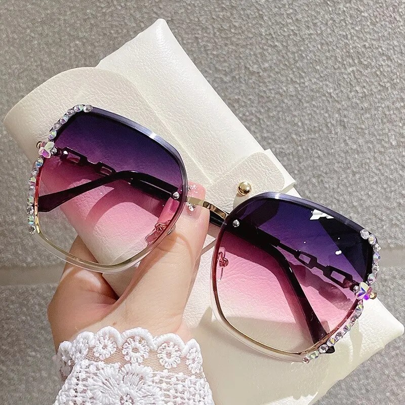 Decor cu strasuri Ochelari de soare la modă, fără margini, pentru femei, bărbați, ochelari casual cu gradient pentru petrecerea 